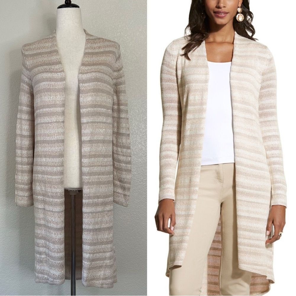 Chico's Kennedy Subtle Striped Textured Open Front Long Cardigan, Sz Medium